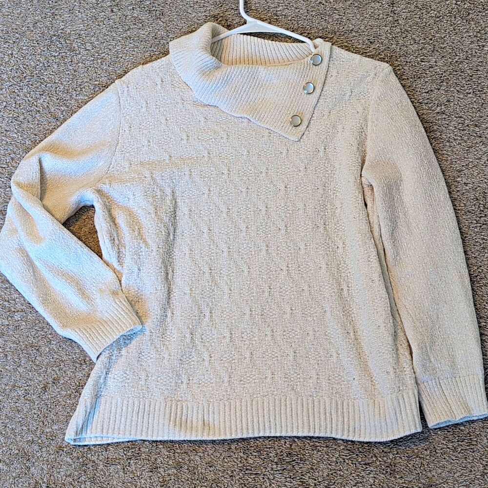 Allison Daley Ivory Knit Pullover Sweater Women L Cowl Neck Button Solid